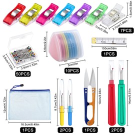 WUERKIYA 74Pcs Sewing Tools Kit, 10Pcs Professional Tailor's Chalk, 7 Tailor's Clips, 4 Pcs Seam Ripper and 1Pcs Sliding Gauge with 50Pcs Quilting Sewing Pins and 1Pcs Snip Scissor Assortment Kit
