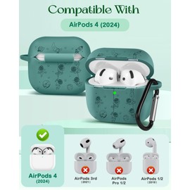 Boaretiu for Airpods 4 Case - 3D Silicone Engraved Elegant Cute Simple Kawaii Unique Fashion Cover with Carabiner Keychain for Women Girls Female Girly Dark Green Design for Airpod 4 Case, Astronaut