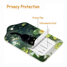 3 Pack Luggage Tag for Suitcase, Travel Cruise Luggage Tag with Privacy Flap, Name ID Labels and Metal Loop for Women Men Kids Girls Travel, Black Cat Water Lily Design