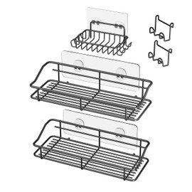 Nieifi Shower Caddy Shelf with Hooks Storage Rack Organizer Adhesive Stainless Steel without Drilling for Bathroom, Lavatory, Washroom, Restroom, Shower, Toilet, Kitchen (Black, 3 Pack)
