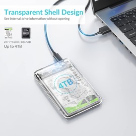 PHIXERO 2.5" Hard Drive Enclosure, 6Gbps USB 3.1 Gen 1 to SATA III Tool-Free SSD Hard Drive Enclosure for 2.5 inch 7mm/9.5mm SATA HDD & SSD [UASP Supported] Transparent