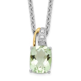 Solid Real 925 Sterling Silver and 14K Green Quartz and Diamond Pendant Necklace Charm Chain - with Secure Lobster Lock Clasp 17" (.03 cttw.)