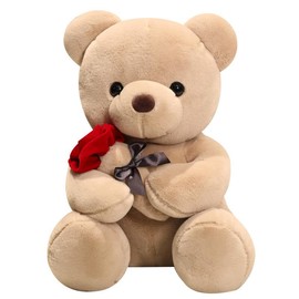 Teddy Bear Plush, 23 cm Teddy Bear with Rose, Stuffed Toy Decorative Room Cushion for Christmas, Valentine's Day, Birthday Home Decoration (23 cm, Brown)