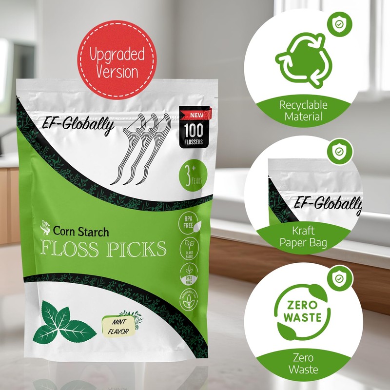 EF-Globally Dental Floss Picks, Plant-Based and Eco-Friendly, No Break and
