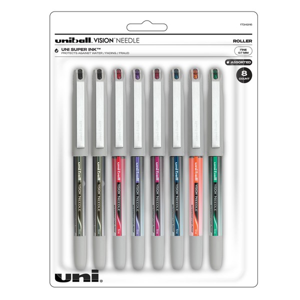 Uniball Vision Needle Rollerball Pens, Assorted Pens Pack of 8, Fine Point Pens with 0.7mm Ink, Ink Black Pen, Pens Fine Point Smooth Writing Pens, Bulk Pens, and Office Supplies