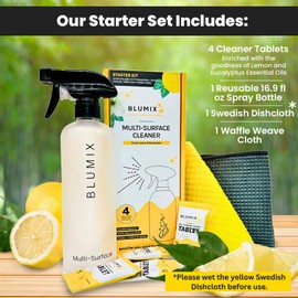 Blumix - Multi-Surface Cleaner Set: Spray Bottle, 4 Cleaner Tablets - Lemon & Eucalyptus, Swedish Dishcloth, & Glass Cleaning Cloth – Eco-Friendly, All-Purpose, Essential Oils, Mother's Day Gift