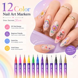 12 Colors Nail Art Pens, 0.5mm Fine Tip Nail Art Markers, 3D Acrylic Polish Pen Set, Quick Dry Nail Art Kit for DIY Home Salon, Professional Nail Art Tools, Manicure Set Gift for Adults Beginners