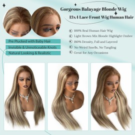 Blonde Highlight Human Hair Lace Front Wigs for Women 28 Inch Light Brown and Blond Wig Human Hair Pre Plucked 13x4 HD Lace Front Wig Brown to Blonde Balayage Ombre Long Wigs for Women 180% Density
