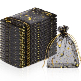Mimind 200-Piece Organza Gift Bags with Moon Stars and Drawstrings - Perfect for Wedding, Birthday Parties (3.5 x 4.7 Inches, Black)
