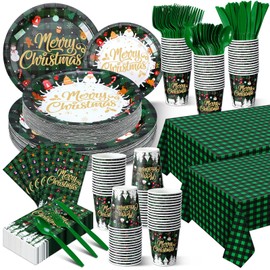 Dandat 402 Pcs Christmas Plates and Napkins Party Supplies Disposable Christmas Table Dinnerware Set Christmas Party Plates Napkins Cups Tablecloth for Holiday Xmas (Merry, Green)