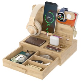 Vdamu Phone Docking Station for Men - Desk or Nightstand Organizer with Drawer - Birthday Gifts for Husband, Dad, Boyfriend,Him - Wooden Charging Station for Phone Watch Key Holder Wallet (Wood)