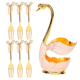 Tableware Sets, Fruit Dessert Flatware Swan Base Holder Spoon Organizer with 6pcs Spoon or Fork for Coffee Dessert Sugar Ice Cream(Fork)