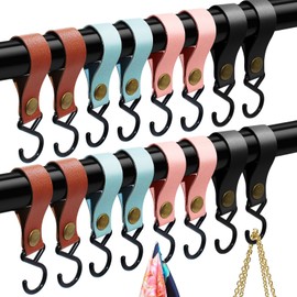 Annickee Pack of 16 Hooks for Clothes Rail, S Hooks with Leather Loop, Hooks for Hanging, S-Hooks, Coat Rail, Leather Hooks, Matt Texture, Multifunctional Hooks for Wardrobe, Bathroom, Coat, Kitchen