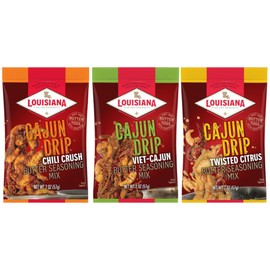 Louisiana Fish Fry Cajun Drip 2oz Bag - Seafood Seasoned Butter Sauce - Elevate your boiled seafood game with Louisiana Fish Fry Cajun Drip (Variety Pack - Try All Three)