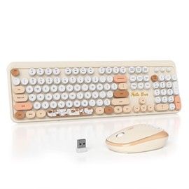 Mosptnspg 2.4G Colorful Keyboard, 104 Key Off White Wireless Customized Membrane Round keycaps Retro Typewriter Office Keyboard for PC/Mac/Laptop/Tablet/Computer Windows (Off White)