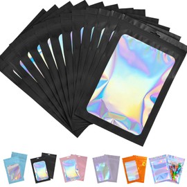 100pcs Mylar Holographic Bags 8x13cm,Black Smell Proof Mylar Bags Resealable Sweet Pouches,Small Plastic Bags Sample Bags for Lipgloss,Jewelry,Eyelash,Food Storage Gift Grip Foil Ziplock Mylar Bags