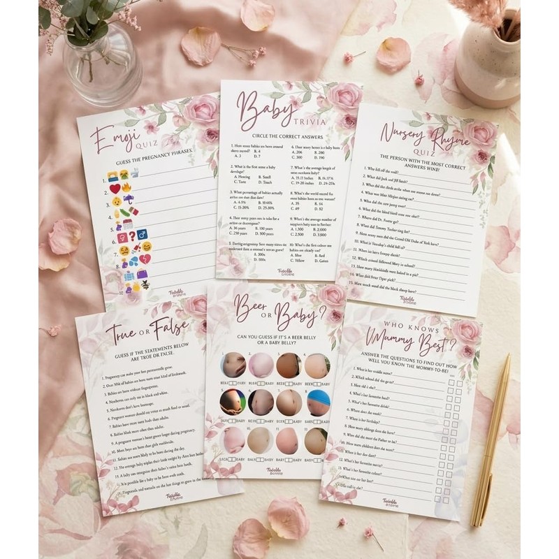 Twinkle & Twine Pink Floral Girl Baby Shower Games Bundle