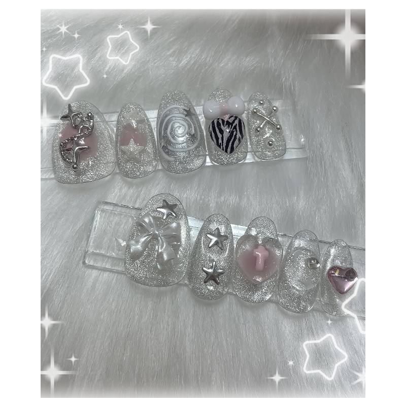 Y2K Silver Magnet Gel Handmade Nail Tips - Almond /