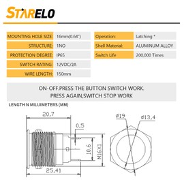 STARELO 5pcs 16mm Latching Push Button Switch Black Shell with pre-Wiring, IP65 Waterproof Push Button Switch,Aluminum Alloy 1 Normally Open Without LED.