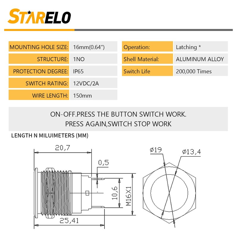 STARELO 5pcs 16mm Latching Push Button Switch Black Shell with