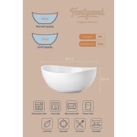 Familywood Pasta Bowls, 50 OZ Small Salad Bowls for Serving Dishes,Set of 6 White porcelain serving large bowl for entertaining Dinner, Soup, Ramen, Cereal Dish Ceramic (8 Inch(50 Ounce))