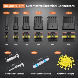 Filluck 763PCS Car Automotive Electrical Wire Connectors 1/2/3/4/5/6 Pin 41 Kits Connectors Kit Waterproof with Ratchet Crimping Tool 22-16 AWG