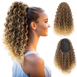 Rafabcici 16 Inch Kinky Curly Deep Wave Drawstring Ponytail Extension for Black Women - Synthetic Hairpiece with 2 Clips, Perfect for Daily Wear (T33/27)