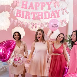 Pink Bow Birthday Decorations, Bow Party Decoration Includes Happy Birthday Banner and Garland Hanging Swirls, Pink Decorations for Girls Baby Shower