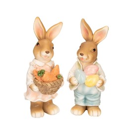 Ideen mit Herz Decorative Figures Rabbit Couple, 2 Rabbit Figures with Carrots and Easter Eggs, Easter Decoration, Approx. 14 cm High (Design 2)
