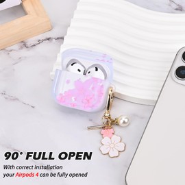 DiyGody Transparent Case Compatible with Airpods 4th Generation 2024, Ultra Thin TPU Protective Case with Pink Blossom Cherry Pattern for Women, Shockproof, Non-Slip, Anti-Dust Case with Keyring