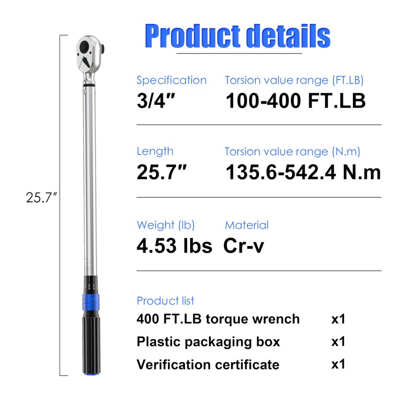 NEBICALS 3/4'' Inch Drive Torque Wrench 100-400 Ft Lb /
