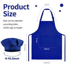 Morcheiong Kids Chef Hat and Apron Set, Adjustable Deep Blue Children's Painting Apron and Chef Hat with 2 Large Pocket for Kids Cooking Painting Baking Activity
