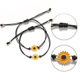 Fashion Sunflower Bracelet, 2 Pieces Love Friendship Bracelet Summer Adjustable Bracelets Sunflower Bracelet with Message Card for Women Girls Black Rope, Metal