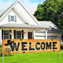 BlissYard Western Welcome Banner 118x20 Inch Cowboy Porch Sign with Hat Rope Star Print for Farmhouse Wall Decor Rustic Country Outdoor Hanging Banner Party Decorations Outdoor Entryway Display