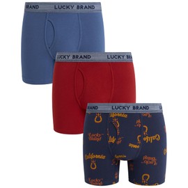 Lucky Brand Mens Boxer Briefs - 3 Pack Soft Stretch Casual Mens Underwear with Functional Fly Pouch Boxers for Men (S-2XL), Size X-Large, Red Ochre/Indigo Print/Vintage Indigo