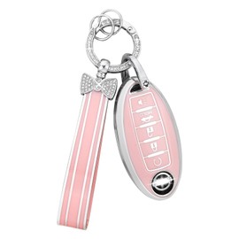 PIFOOG Key Fob Cover for Nissan 5 Button Pink Car Keys Shell Case Bling Keychain Protector Accessories for Altima Sentra Rogue Pathfinder Murano Armada Maxima Versa Soft TPU Girly Women