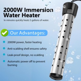 2000W Portable Immersion Water Heater - 304 Stainless Steel Electric Bucket Heater with LCD Thermometer, Fast Heating for Bathtubs, Buckets, Inflatable Pools, Basins