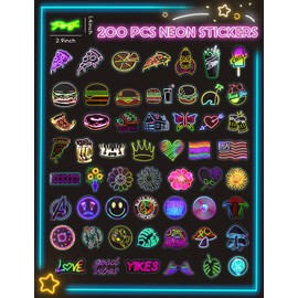 GAUENEEN 200Pcs Water Bottle Stickers Cool Neon Stickers, Sticker Pack for Adults, Waterproof Vinyl Stickers, Stickers for Laptop Skateboard Journal Notesbook Computer Phone Cup Guitar Luggage etc