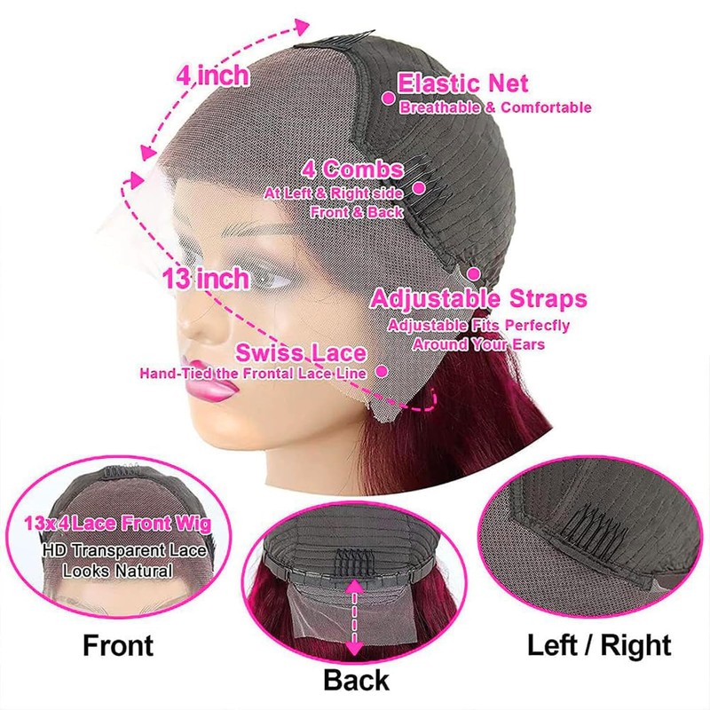 30 Inch 99J Burgundy Lace Front Wigs Human Hair Pre
