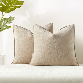 JUSPURBET Beige Chenille Throw Pillow Covers 18x18 inch Set of 2 Decorative Soft Textured Cushion Cases for Living Room Sofa Couch Bed Solid Home Decor Broadside Pillowcases