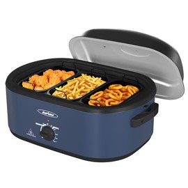 Sunvivi 20QT Roaster Oven, Electric Roaster with 3 Compartments, Turkey Roaster Oven with Self-Basting Lid, Removable Pan & Rack, Defrost & Warm Function, Fit Turkey Up to 24LB, Stainless Steel, Blue