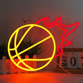 WIOSOUL Basketball Neon Sign Fire Basketball LED Neon Light Dimmable Neon Signs for Wall Decor Basketball Court Bedroom Christmas Birthday Signs Kids Gift