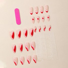 Valentine's Day Press on Nails Medium Almond Love Heart Stripe False Nails with Design Irregular French Fake Nails Artificial Acrylic Nails Full Cover Glossy Coffin Nails Glue on Nails for Women 24Pcs