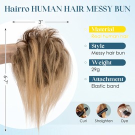 Hairro Messy Bun Hair Piece Human Hair For Women Wrap On Scrunchies Remy Updo Extension Elastic Rubber Band Chignon Hairpieces 29g #4P27 Medium Brown&Dark Blonde