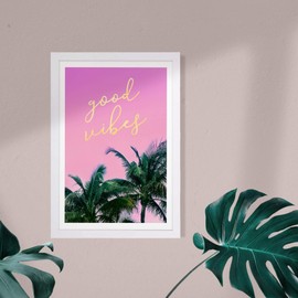 Wynwood Studio Typography Framed Wall Art Prints 'Good Vibes and Palm Trees' Inspirational Quotes and Sayings Home Décor, 13" x 19", Pink, Green