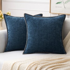 MIULEE Pack of 2 Couch Throw Pillow Covers 18x18 Inch Navy Blue Farmhouse Decorative Pillow Covers with Stitched Edge Soft Chenille Solid Dyed Spring Pillow Covers for Sofa Bed Living Room