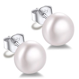 Silvora Pearl Studs Earrings 8mm Freshwater Pearl Earrings Women Cute Earrings Sleeper Earrings Sterling Silver Earrings for Women Ear Studs