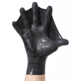 DarkFin Webbed Power Guantes de natación (1 par) para hombres, mujeres, buceo, snorkeling, pesca submarina, surf en aguas frías, aletas de mano ultra delgadas, paletas de natación en piscinas para aeróbicos acuáticos, negro, medio grande