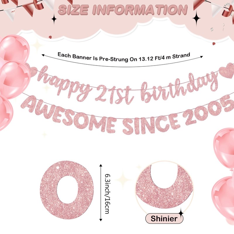 Pre Strung 21st Birthday Awesome Since 2005 Banner, Rose Gold
