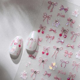 1Pcs Bow Nail Stickers for Nail Art 5D Pink Bow Nail Decals Embossed Cute Rabbit Nail Art Supplies Bow Charms with Rhinestone Design Valentines Nail Art Stickers for Women Girls Manicure Accessories